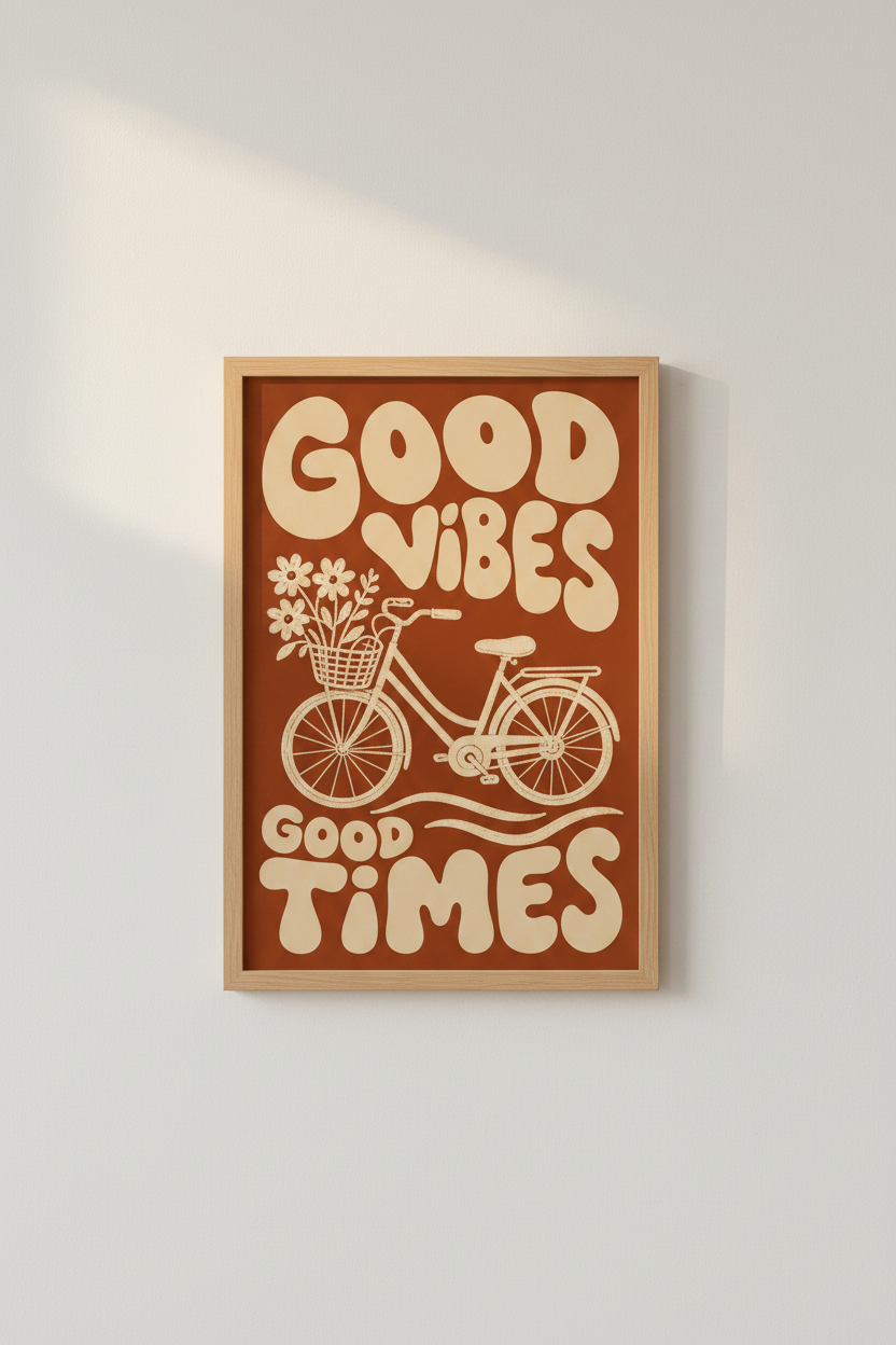 Good Vibes Good Times Bicycle Art | Retro Burnt Orange, Boho Living Room Poster
