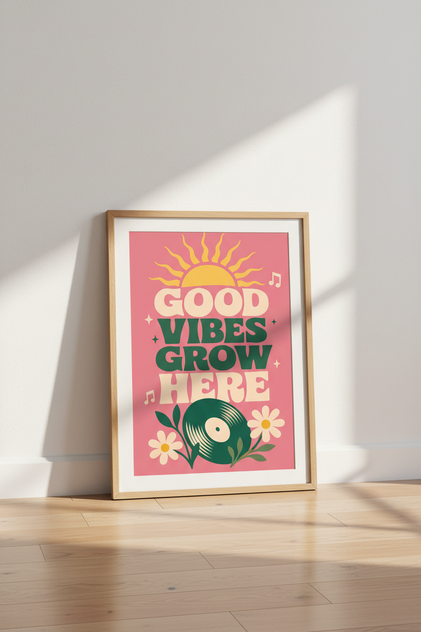 Good Vibes Grow Here Art | Retro Pink & Green Poster, Music Room Decor