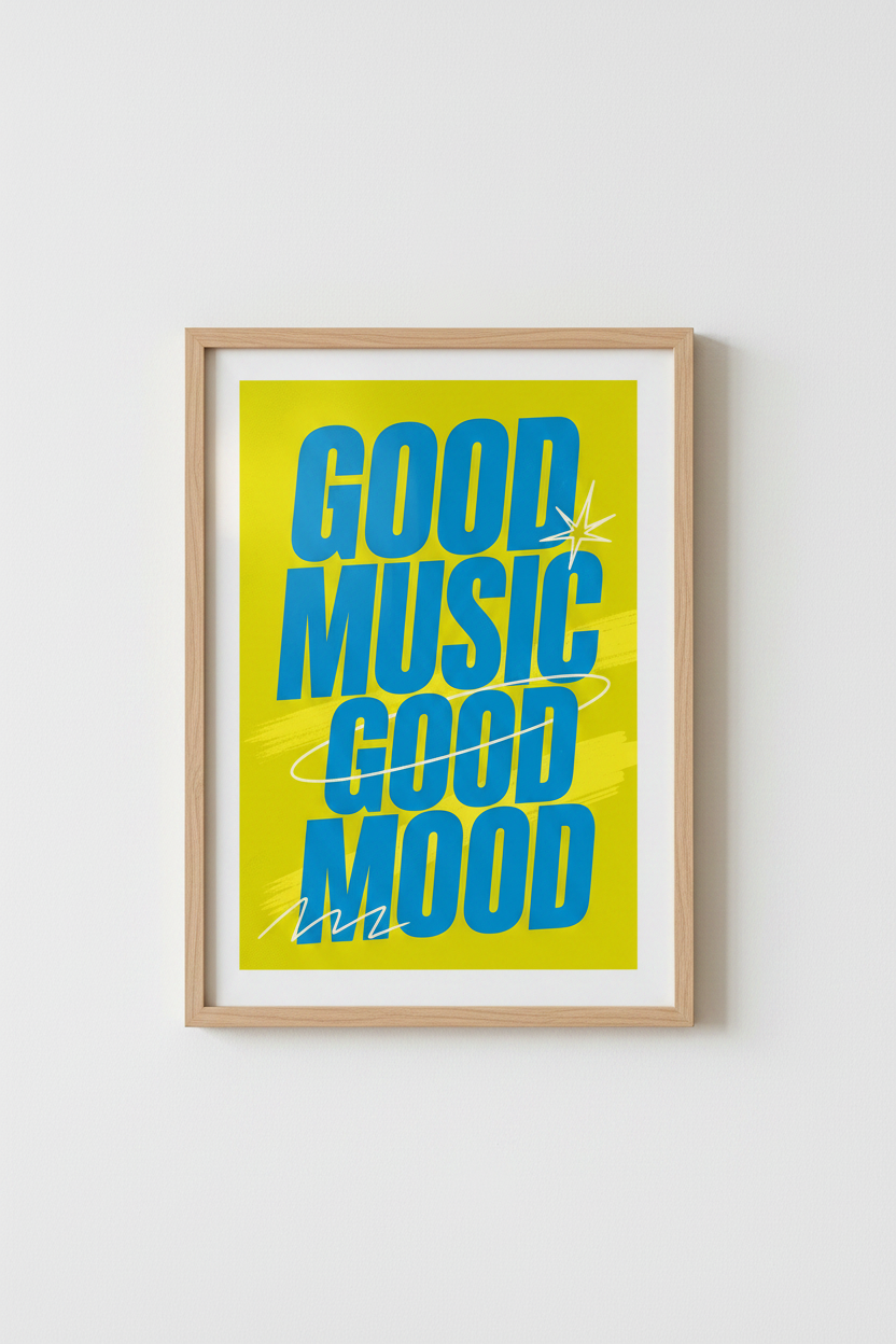 Good Music Good Mood Wall Art | Retro Blue & Yellow Poster | Modern Dorm Decor