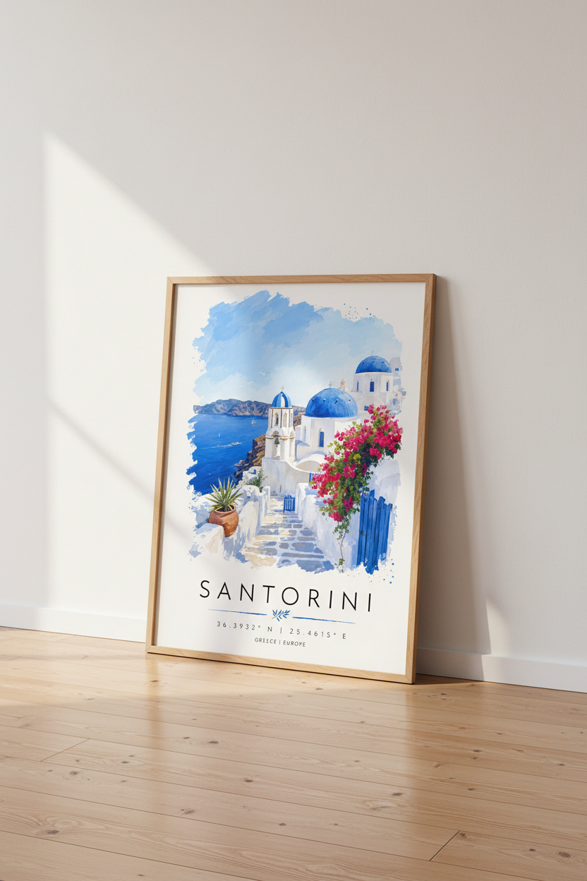 Santorini Greece Travel Poster | Mediterranean Blue White Wall Art | Coastal Home Decor
