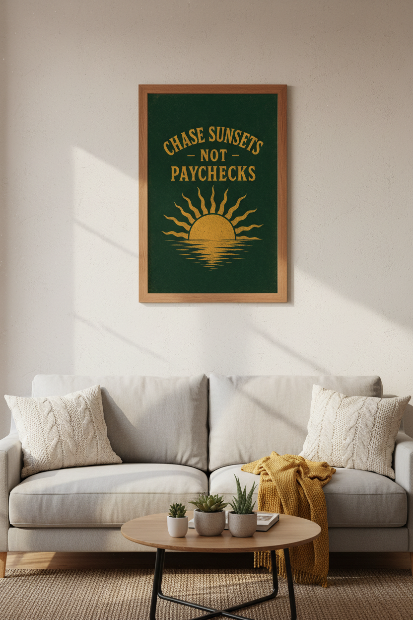 Chase Sunsets Not Paychecks | Retro Green & Gold Poster, Home Office Decor