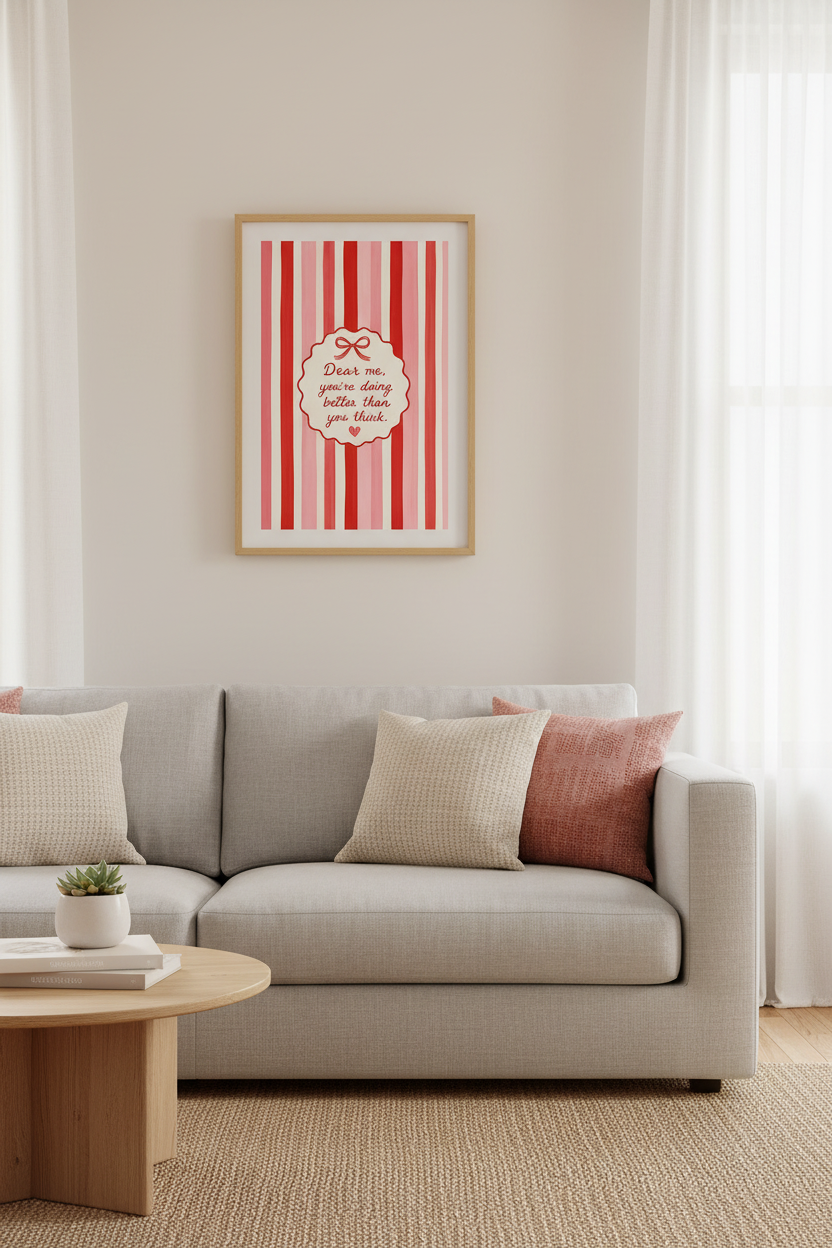 Coquette Aesthetic Wall Art | Pink Red Striped Bow Poster | Preppy Room Decor