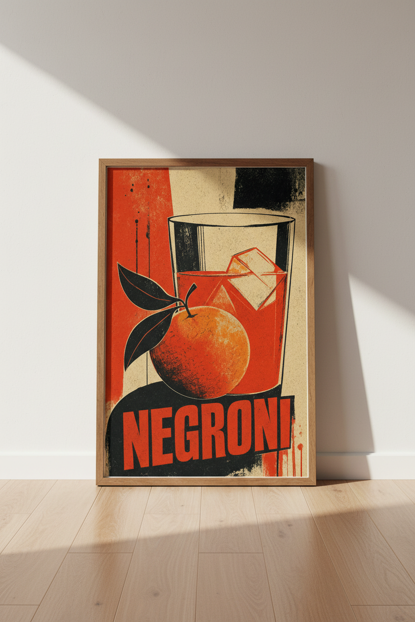 Negroni Cocktail Poster | Retro Italian Aperitivo Print, Home Bar Decor