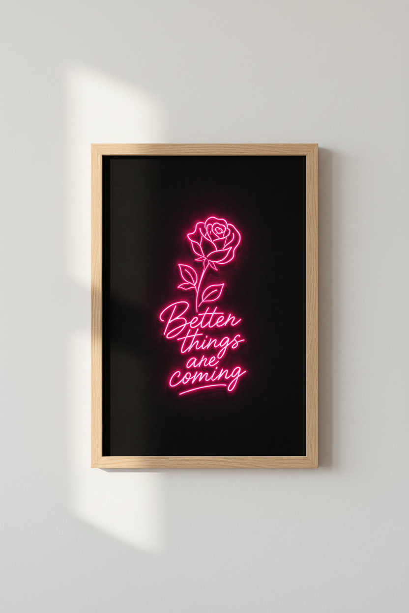 Pink Neon Wall Art Print | Rose Flower Poster, Motivational Quote Bedroom Decor