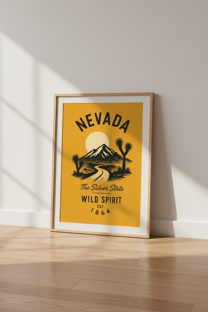 Nevada State Wild Spirit Wall Art | Retro Desert Landscape, Mustard Yellow Poster