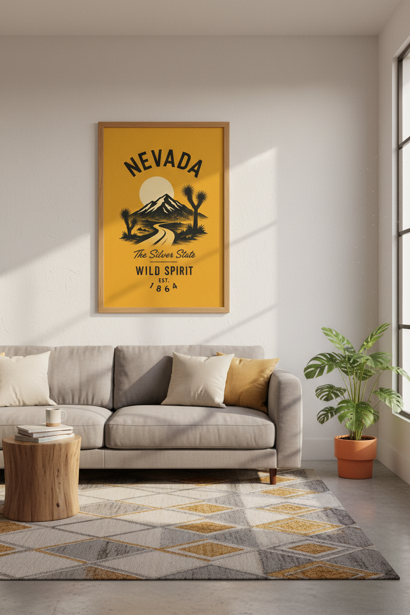 Nevada State Wild Spirit Wall Art | Retro Desert Landscape, Mustard Yellow Poster