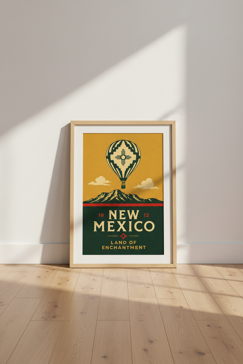New Mexico Travel Poster | Zia Hot Air Balloon Wall Art, Southwestern Decor