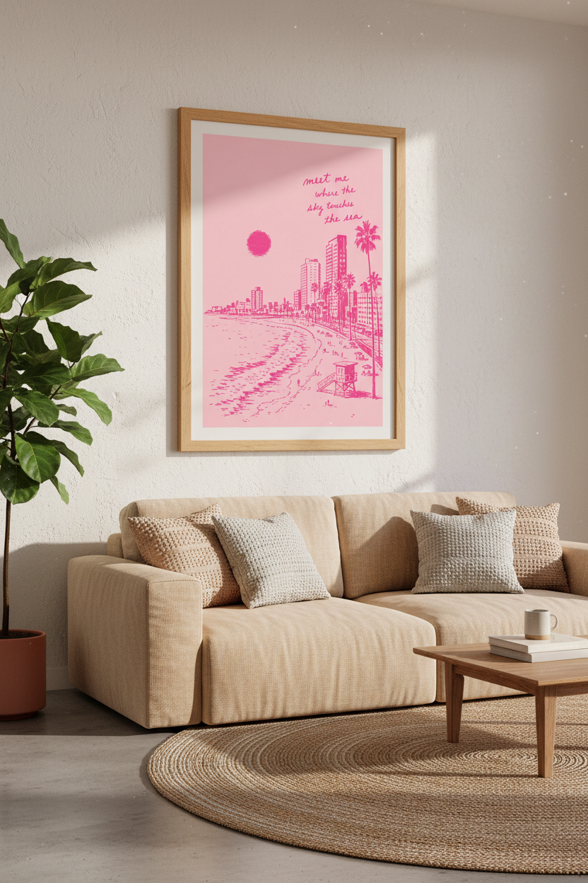 Preppy Pink Beach Poster | Aesthetic Coastal Wall Art, Travel Quote Print