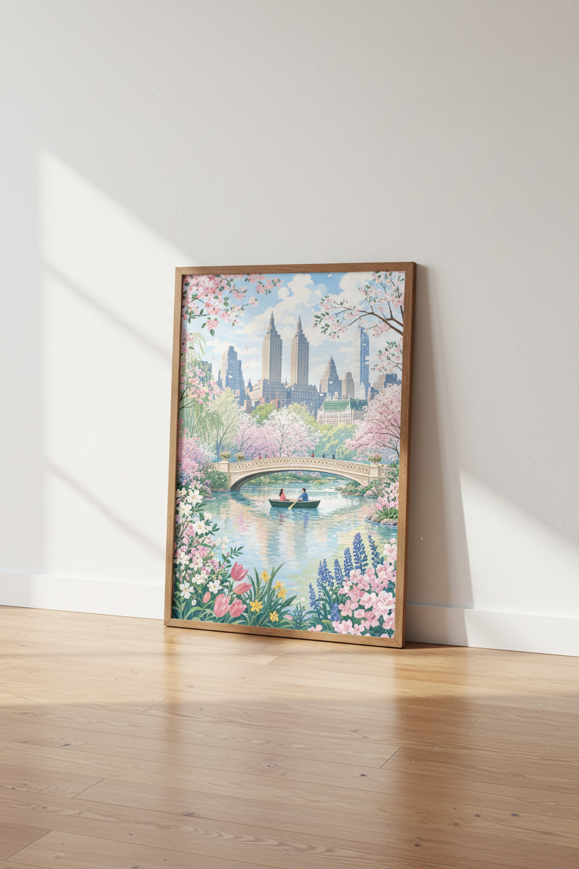 Central Park Bow Bridge | Pink Cherry Blossom NYC Skyline, Living Room Wall Art