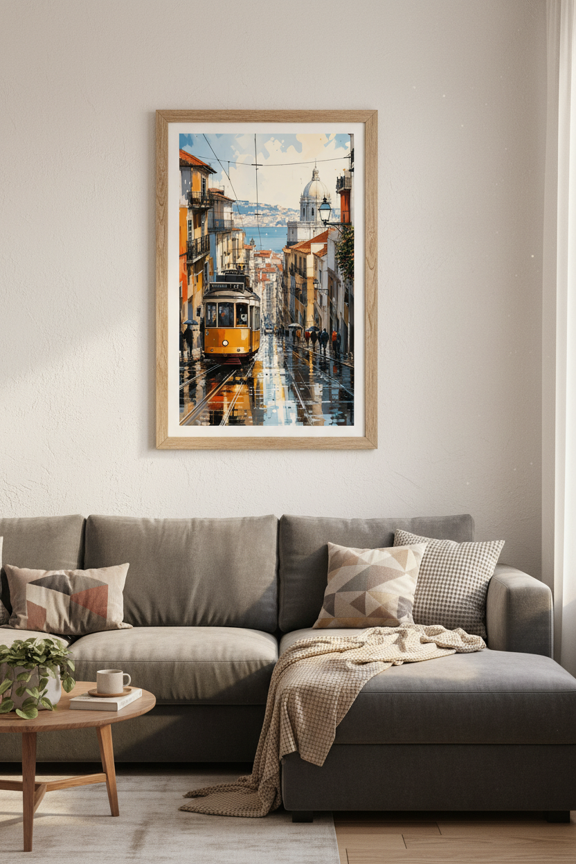 Lisbon Tram 28 Wall Art Print | Portuguese Cityscape | Yellow & Orange Poster