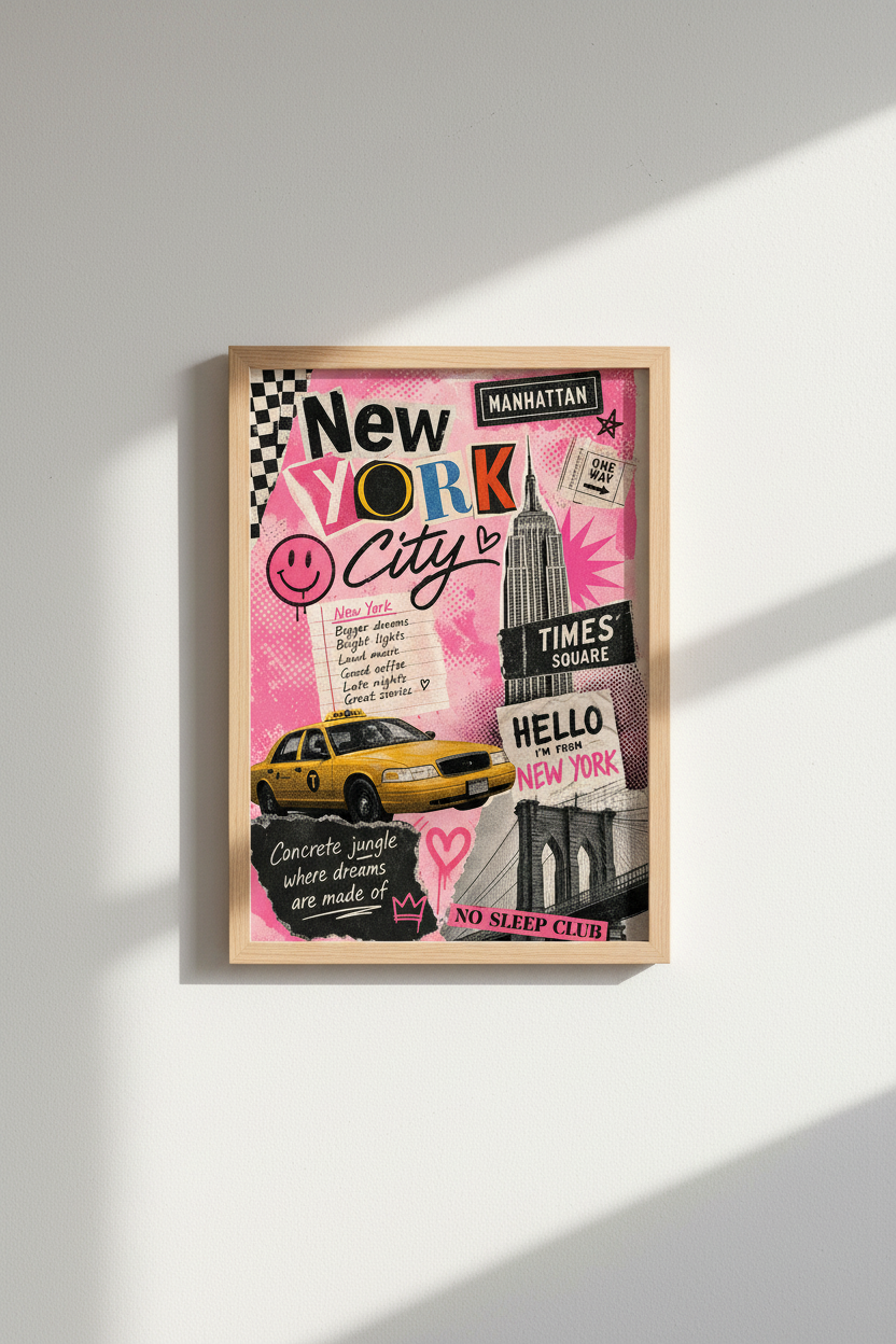 Pink New York City Poster | Preppy NYC Collage Wall Art, Aesthetic Dorm Decor