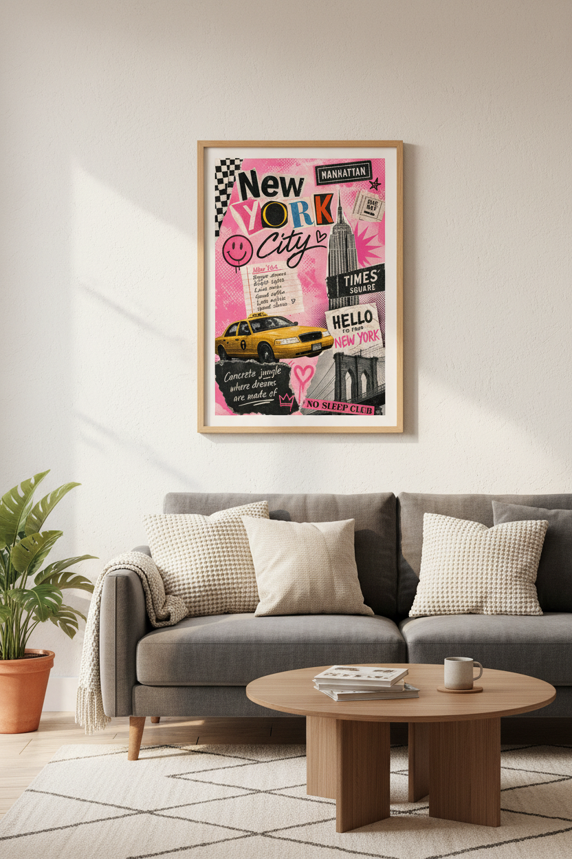 Pink New York City Poster | Preppy NYC Collage Wall Art, Aesthetic Dorm Decor