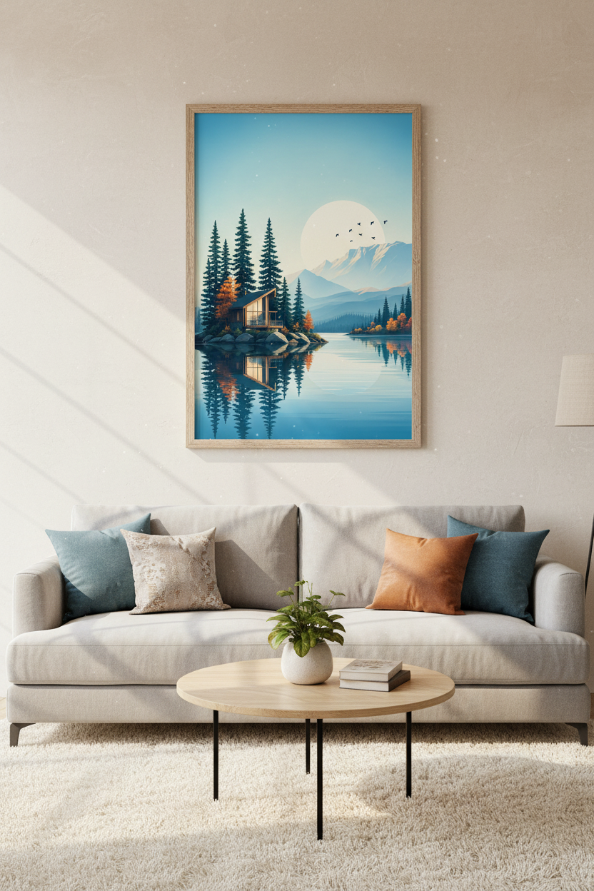 Modern Lake House Landscape Art | Blue Mountain Forest Poster, Minimalist Wall Decor