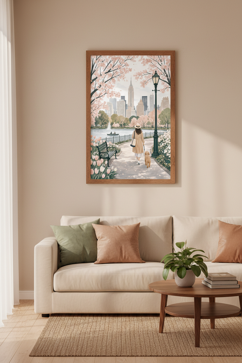 Central Park Spring Wall Art | New York City Poster, Floral Girl with Dog Decor