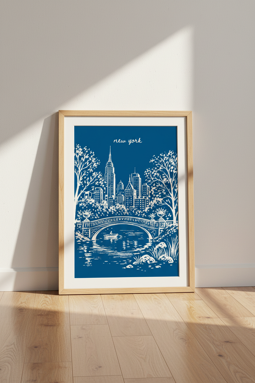New York City Poster | Blue and White Central Park Skyline, Modern Travel Decor