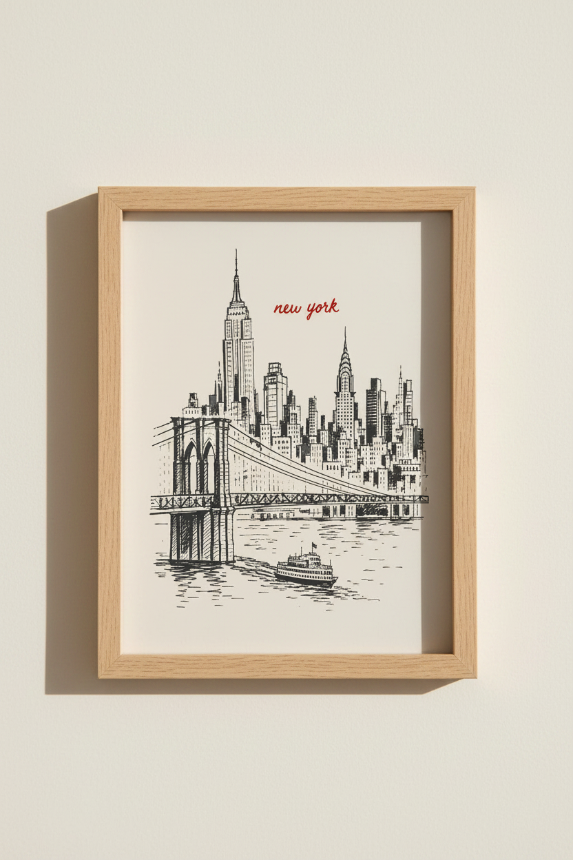 New York Sketch Print | NYC Skyline Poster, Vintage Brooklyn Bridge Wall Art