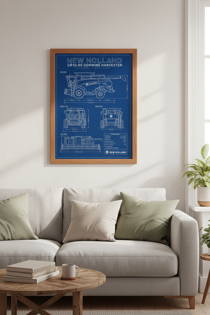 Combine Harvester Blueprint Art | Blue Industrial Style, Farm Decor Poster