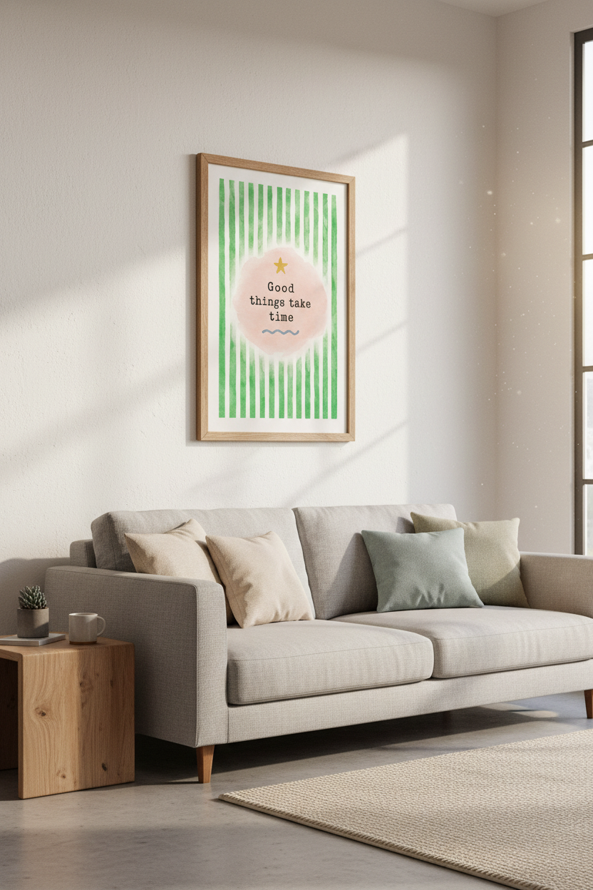 Good Things Take Time Watercolor Print | Sage Green Striped Wall Art | Motivational Poster