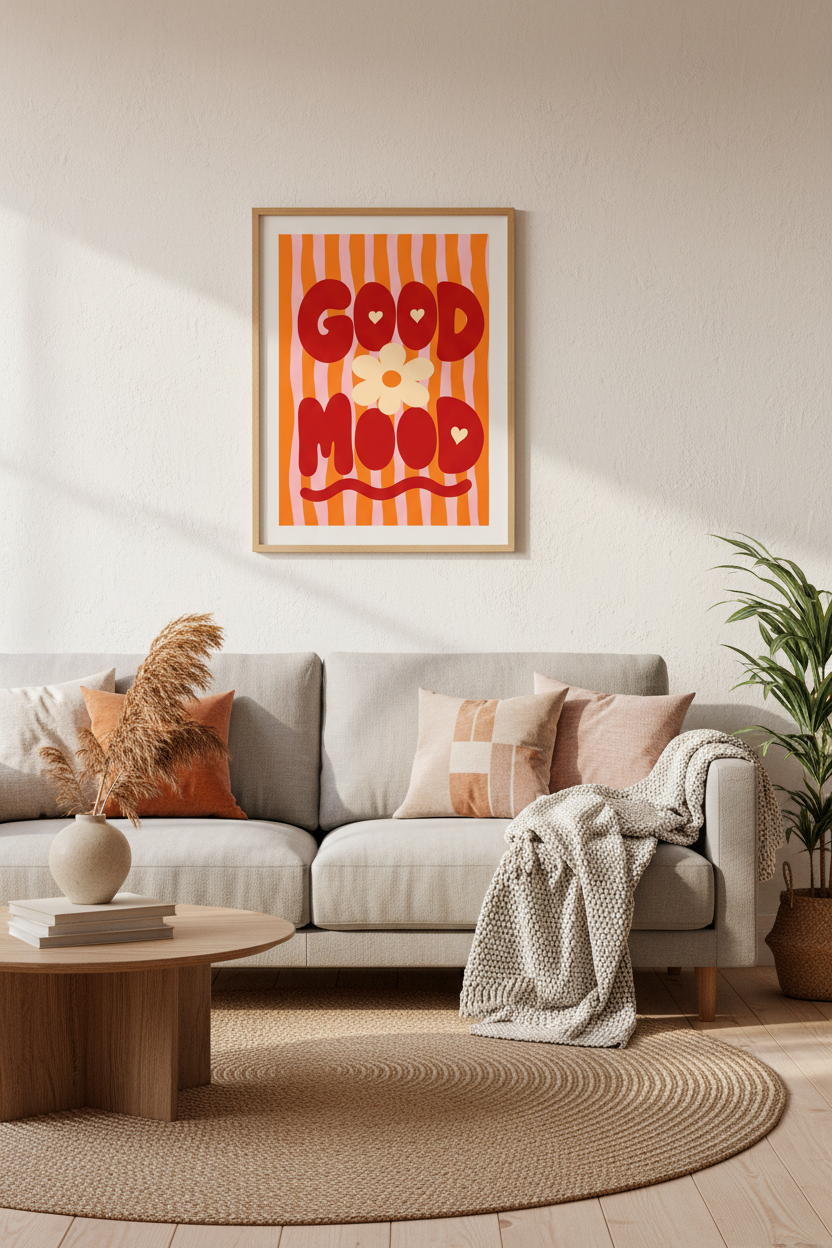 Good Mood Retro Wall Art | Pink Orange Flower Decor | Groovy Poster
