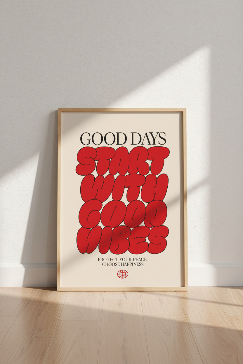 Good Vibes Quote Wall Art Print | Bedroom Decor | Retro Red Typography Poster