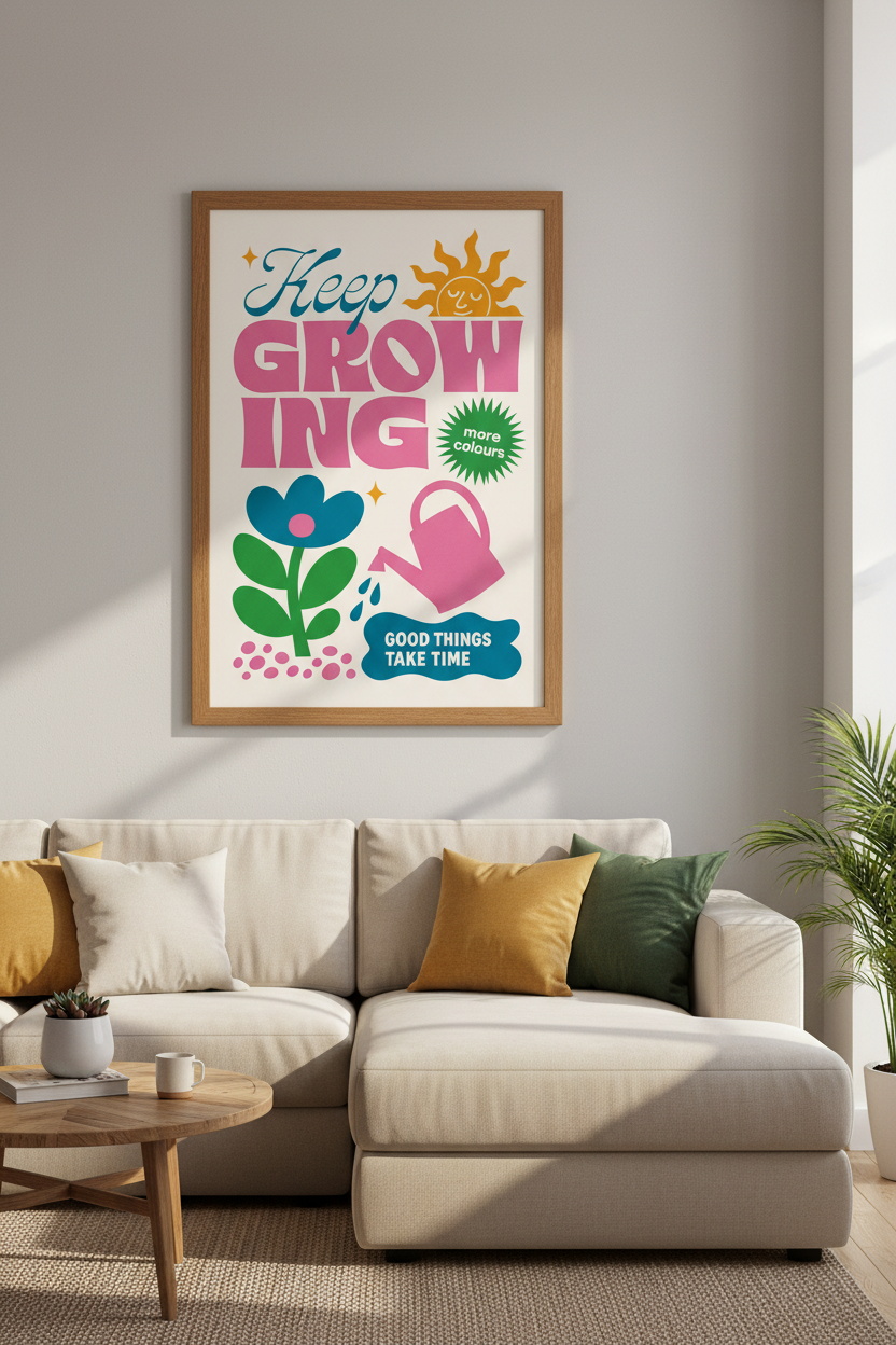 Keep Growing Wall Art | Retro Pink & Blue Motivational Print | Dorm & Office Decor