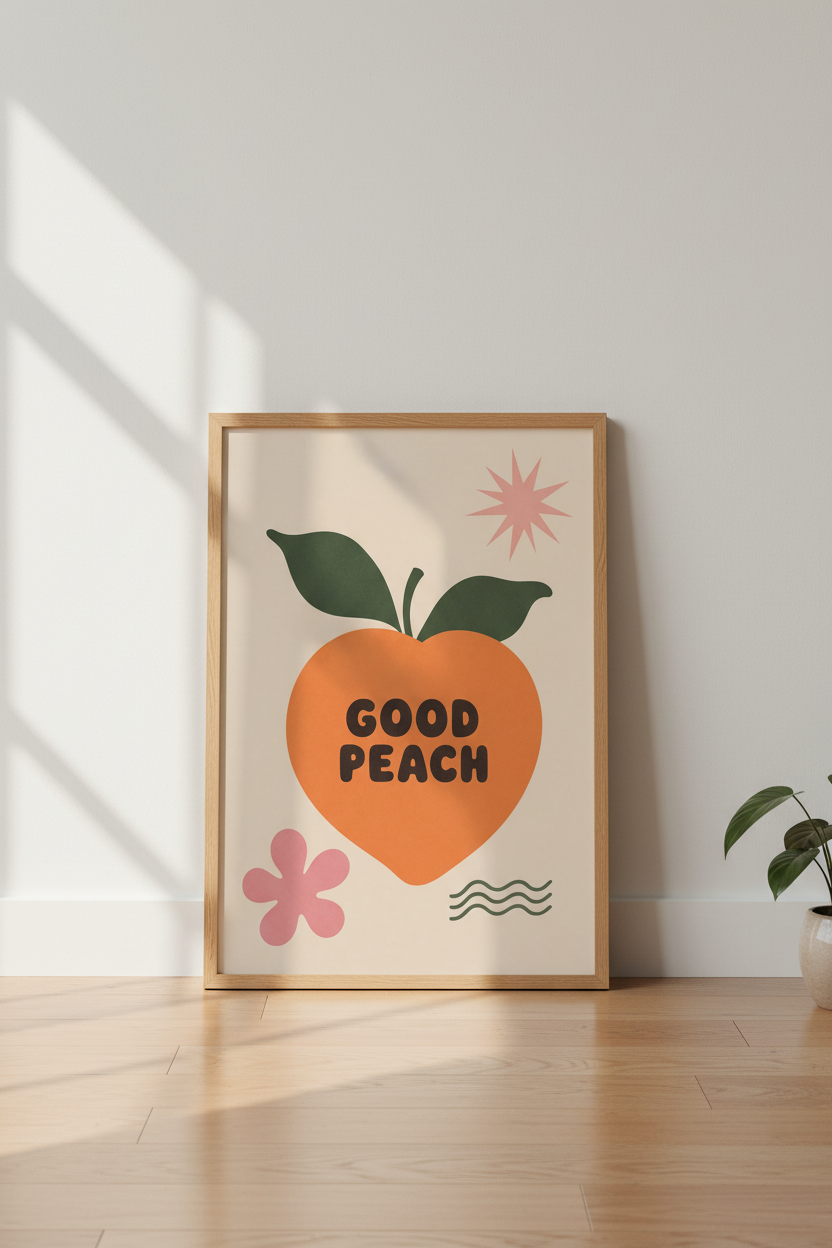 Good Peach Retro Fruit Wall Art | Vibrant Mid Century Print, Kitchen & Dorm Decor