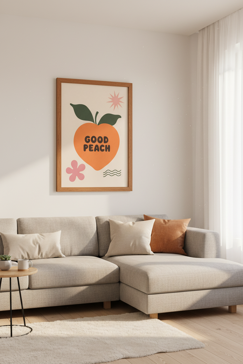 Good Peach Retro Fruit Wall Art | Vibrant Mid Century Print, Kitchen & Dorm Decor