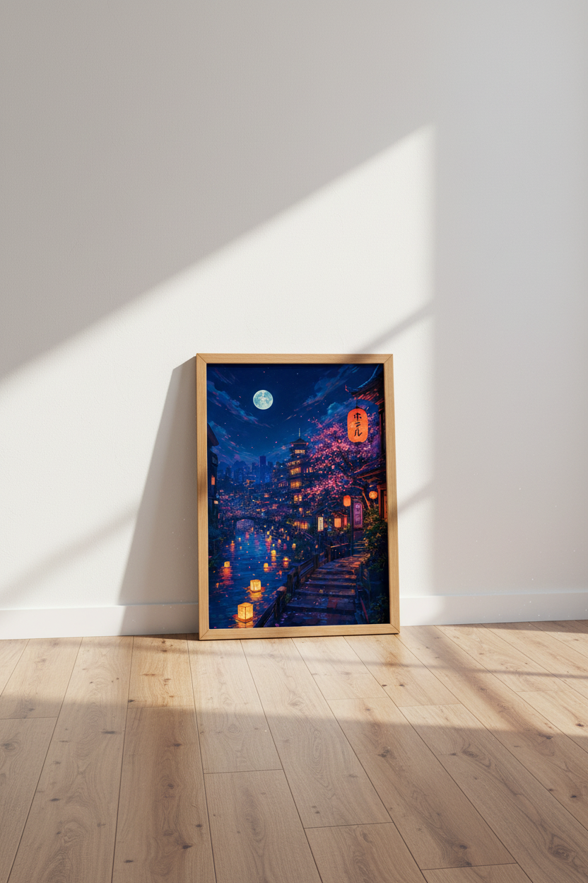 Japanese Night Cityscape Wall Art | Anime Lantern Poster, Bedroom Decor