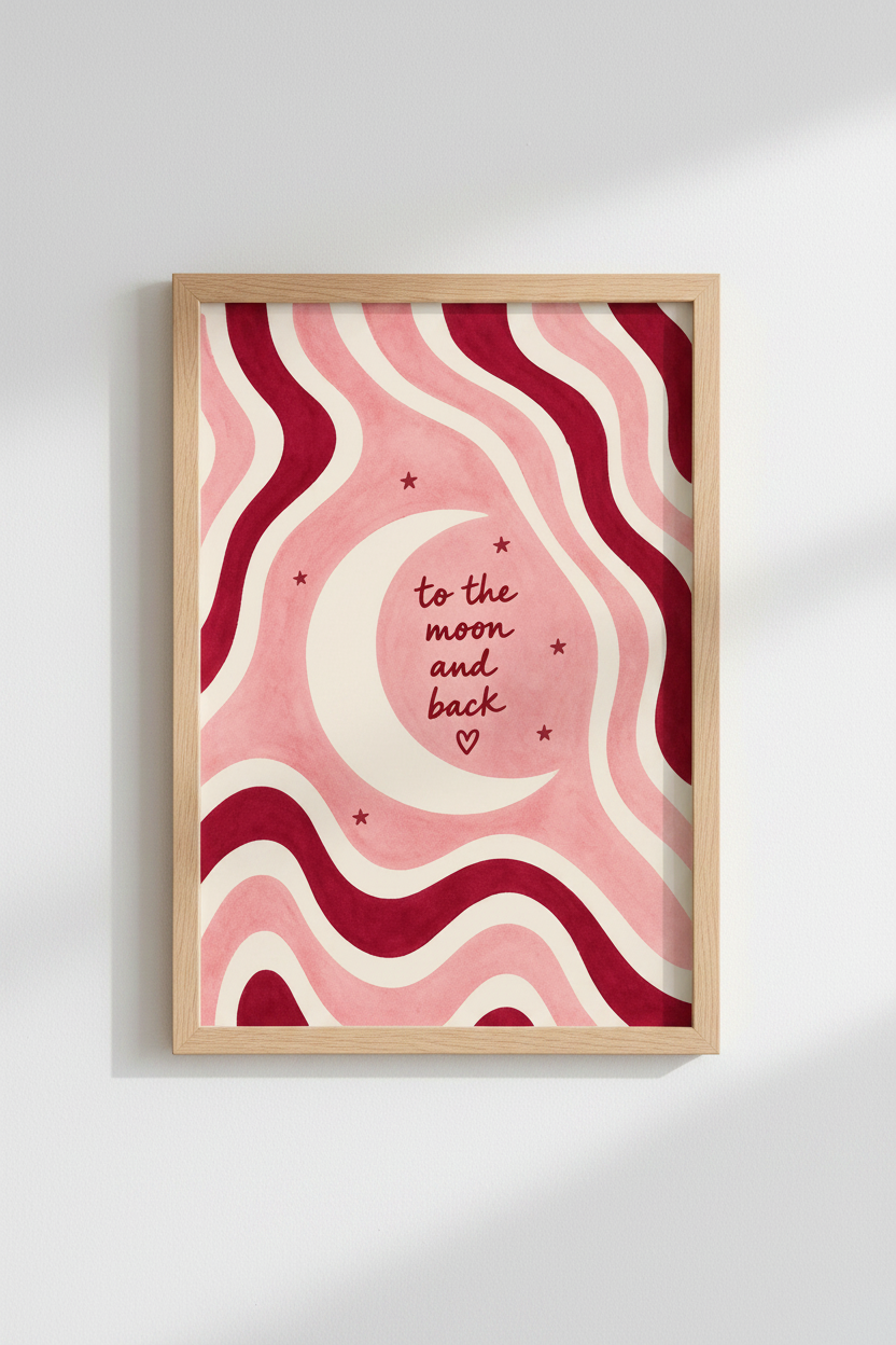 boho wall art print | Psychedelic waves, pink-cream palette | Living room decor
