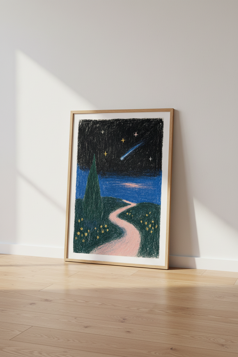 Starry Night Landscape | Whimsical Oil Pastel Style, Bedroom Decor