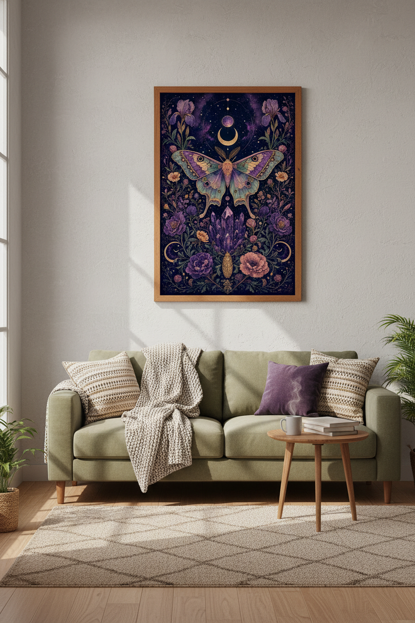 Celestial Luna Moth Wall Art | Mystical Gothic Crystal Print | Dark Academia Poster