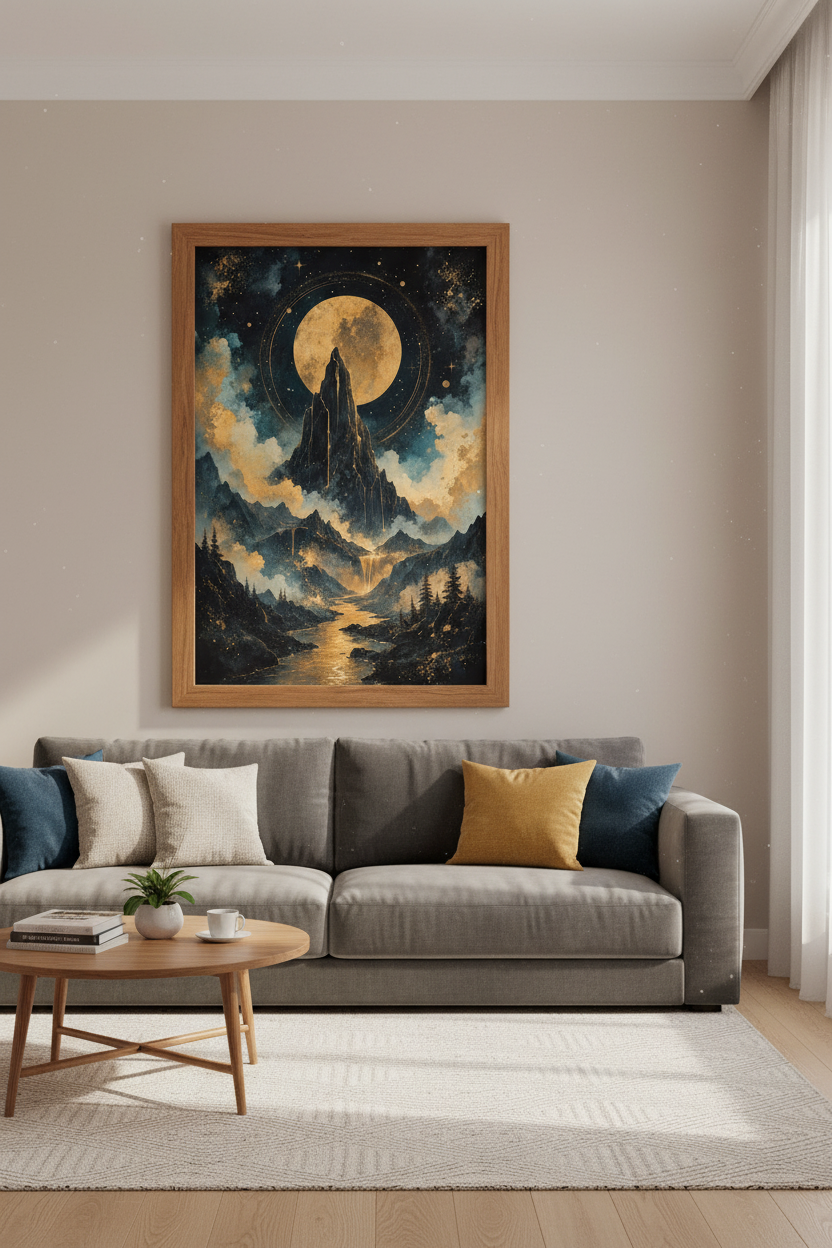 Celestial Mountain Moon Wall Art | Gold & Navy Landscape Decor | Mystic Poster