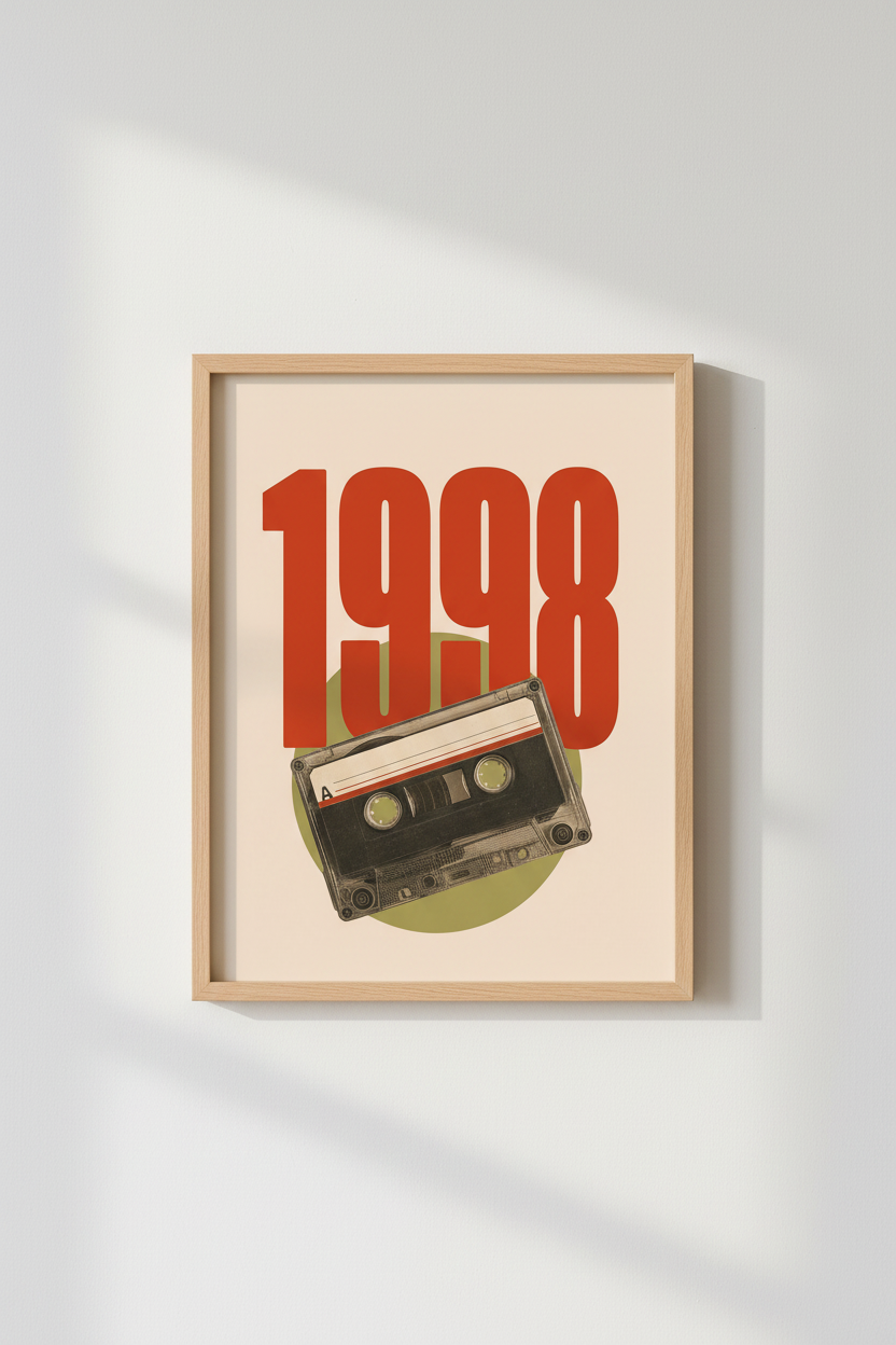 1998 Cassette Wall Art Print | Retro 90s Music Poster, Dorm & Office Decor