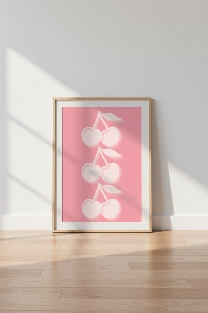 Pink Cherry Wall Art Print | Pastel Coquette Dorm Decor | Retro Fruit Poster