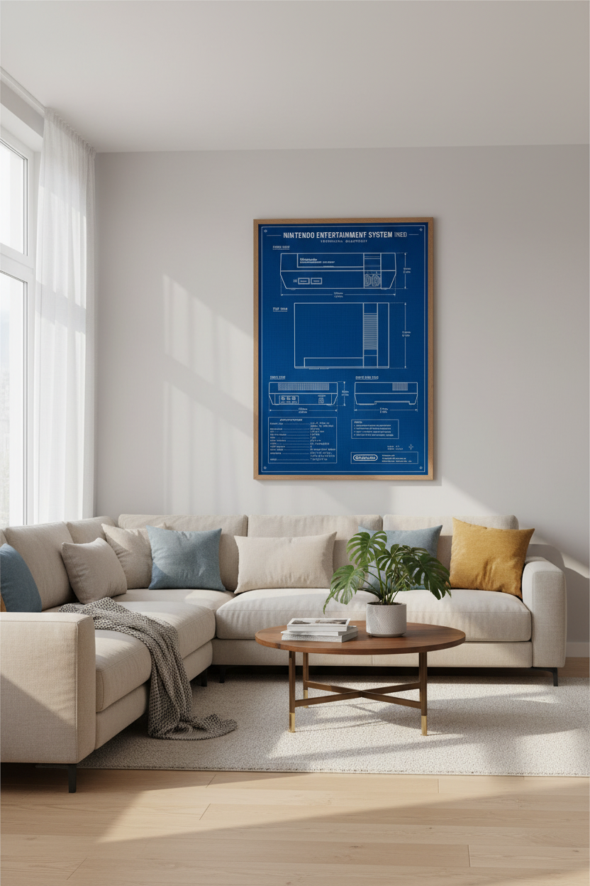 NES Technical Blueprint Wall Art | Retro Gaming Decor, Gamer Man Cave Poster