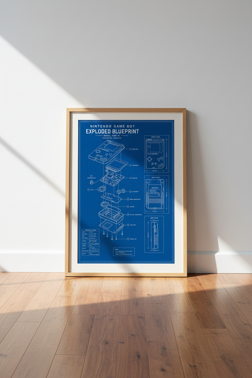 Game Boy Exploded Blueprint Wall Art | Retro Gaming Decor, Tech Patent Poster