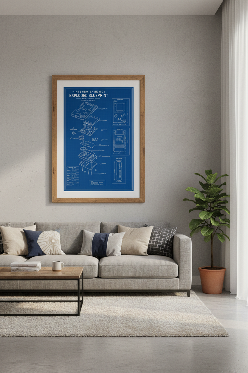 Game Boy Exploded Blueprint Wall Art | Retro Gaming Decor, Tech Patent Poster
