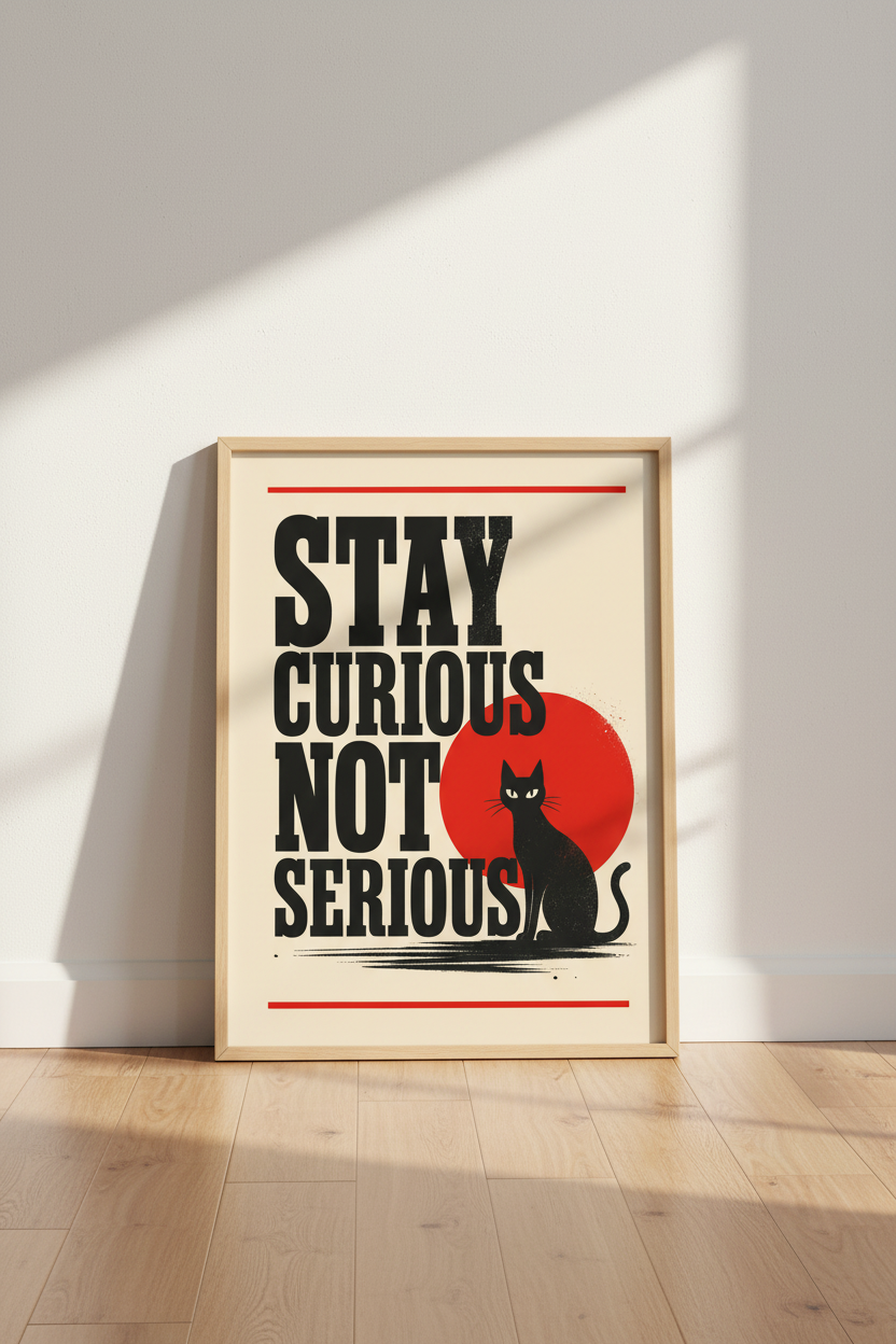 Black Cat Stay Curious Wall Art | Bold Typography Poster, Modern Home Office Decor