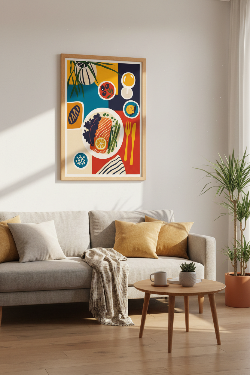 Salmon Dinner Party Wall Art Print | Kitchen Dining Decor | Matisse Style Poster