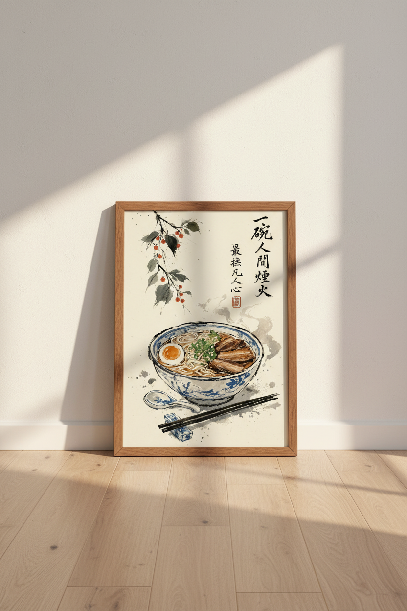 Japanese Ramen Bowl Art | Ink Wash Style Noodle Poster, Kitchen Decor