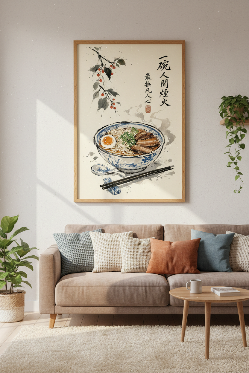 Japanese Ramen Bowl Art | Ink Wash Style Noodle Poster, Kitchen Decor