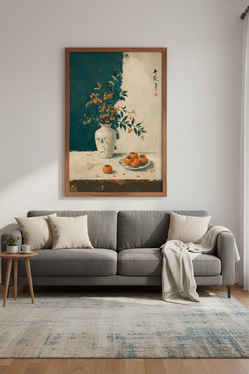 Japanese Still Life Persimmon Wall Art | Teal Floral Print, Zen Dining Decor