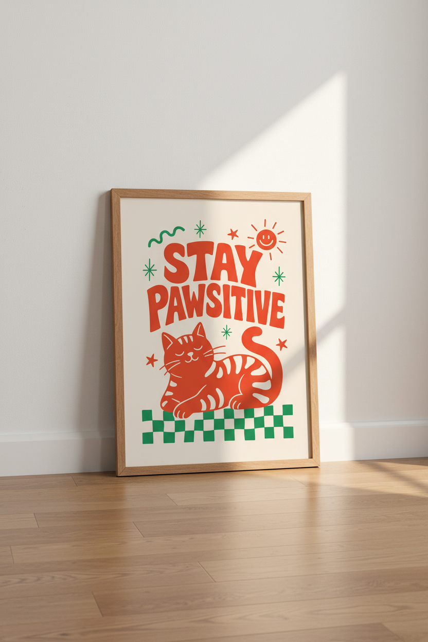 Stay Pawsitive Cat Wall Art | Retro Mid-Century Poster, Eclectic Colorful Decor