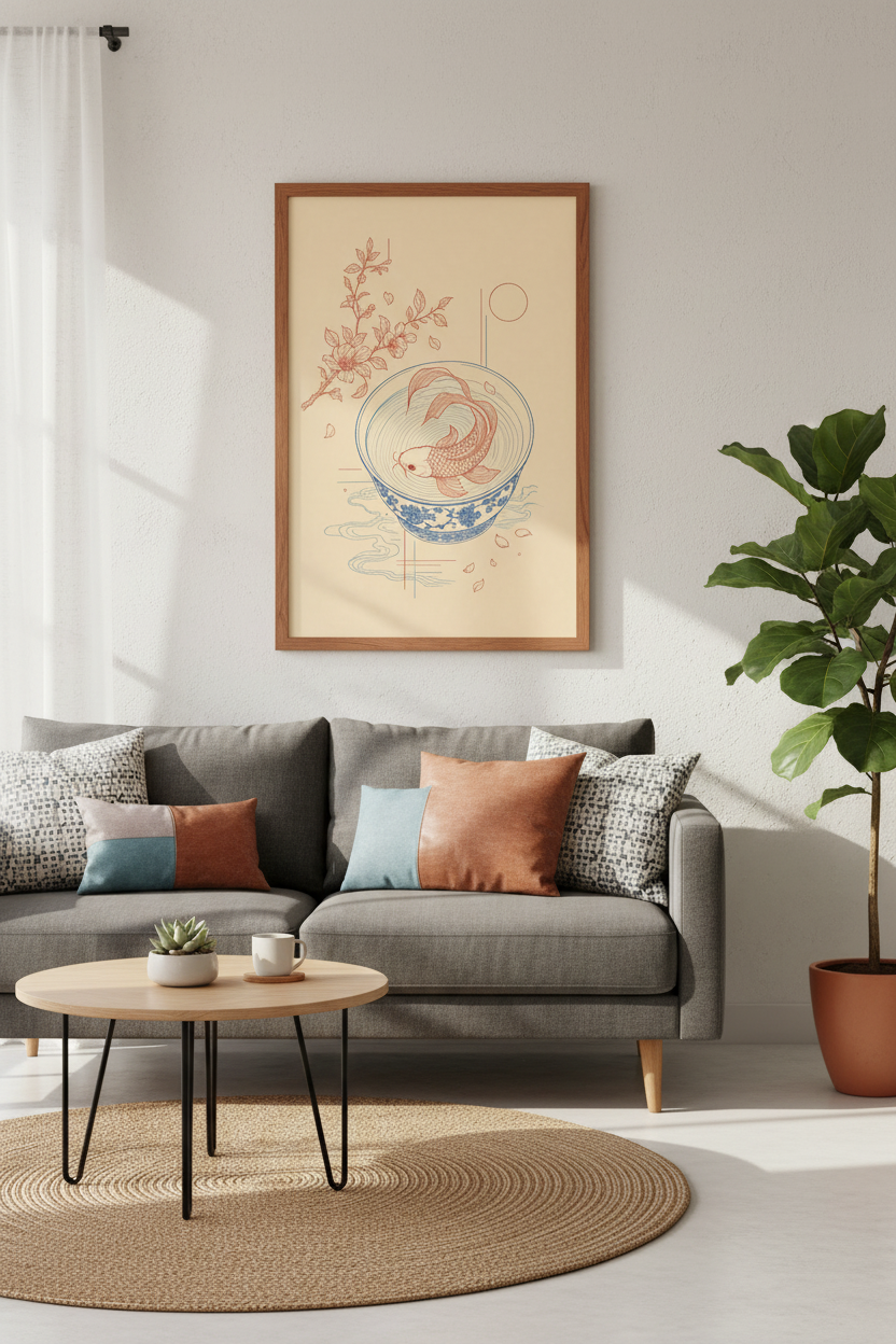 Koi Fish in Bowl Art Print | Japanese Minimalist Red Blue Poster | Zen Living Room Decor
