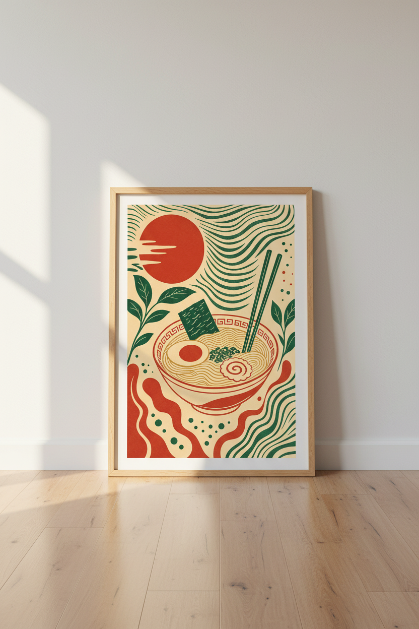 Ramen Bowl Japanese Wall Art | Red Sun Kitchen Decor | Modern Noodle Poster