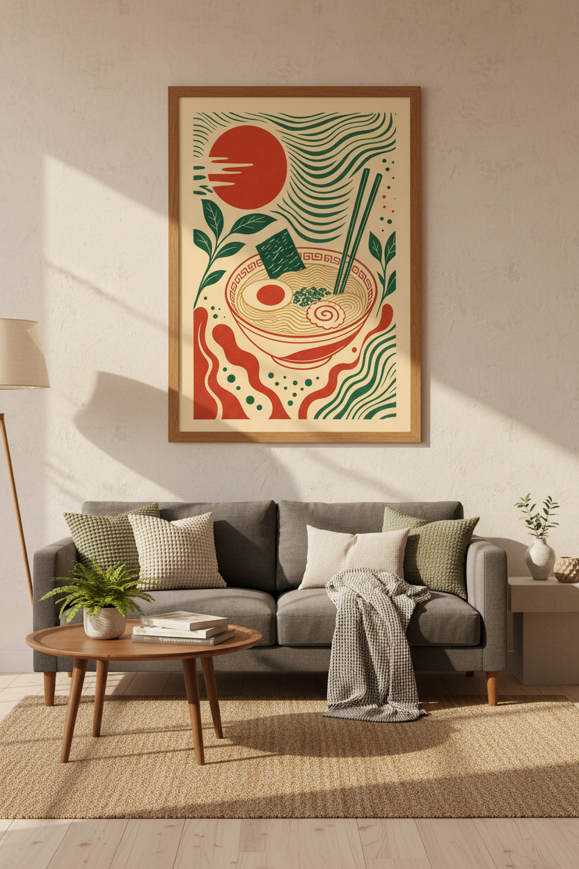 Ramen Bowl Japanese Wall Art | Red Sun Kitchen Decor | Modern Noodle Poster