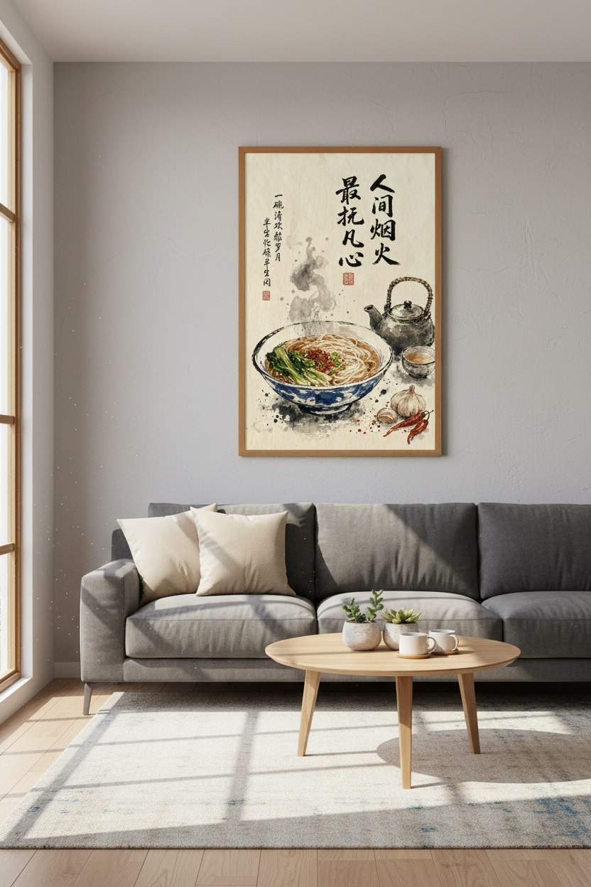 Japanese Ramen & Tea Wall Art | Chinese Ink Wash Style, Kitchen Decor Print