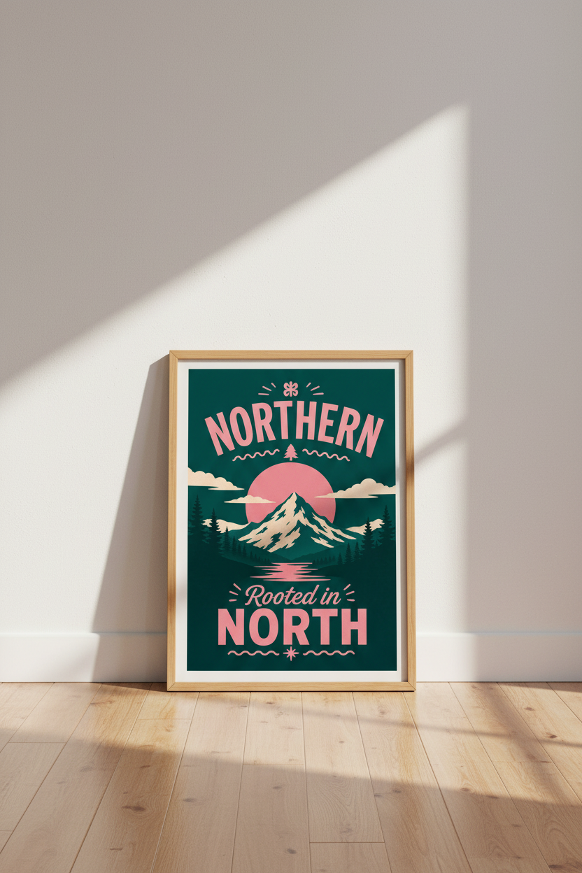 Rooted in North Mountain Art | Retro Pink & Green Landscape, Nature Poster