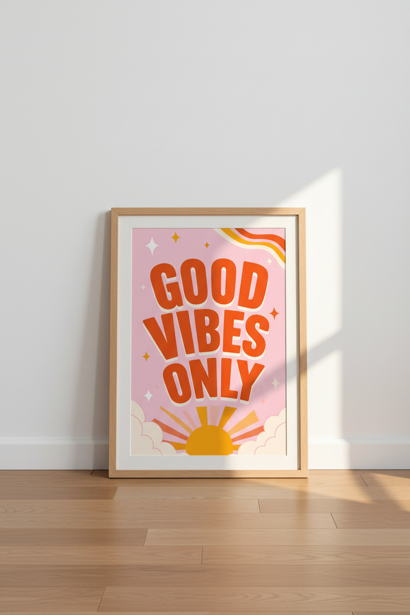 Good Vibes Only Retro Quote Wall Art | Pink Dorm Decor | Groovy Poster