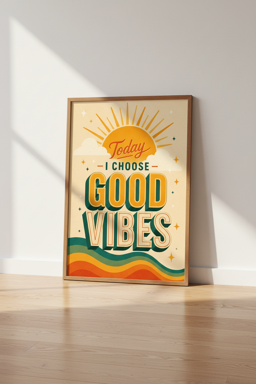 Good Vibes Motivational Art | Retro Sun Typography, Office Bedroom Decor